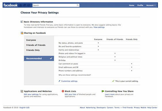 Facebook Privacy and customized settings