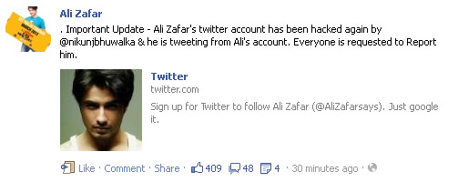 ali zafar facebook update regarding twitter account hack