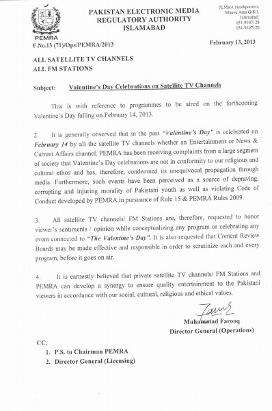 Letter By PEMRA to TV channels