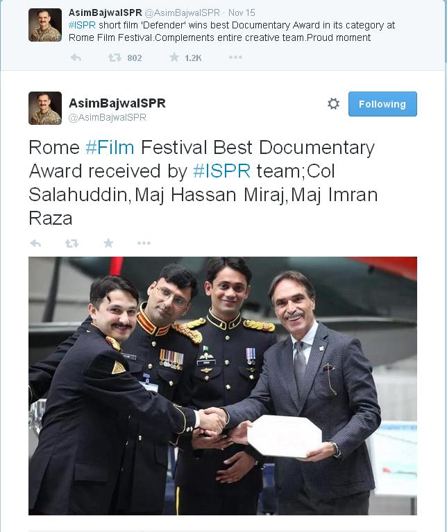 Rome Film Festival Best Documentary Award received by ISPR team; Col Salahuddin, Maj Hassan Miraj, Maj Imran Raza.