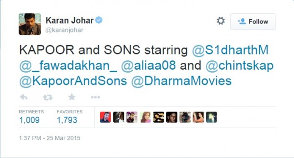 Karan Johar confirms the cast for Kapoor and Sons